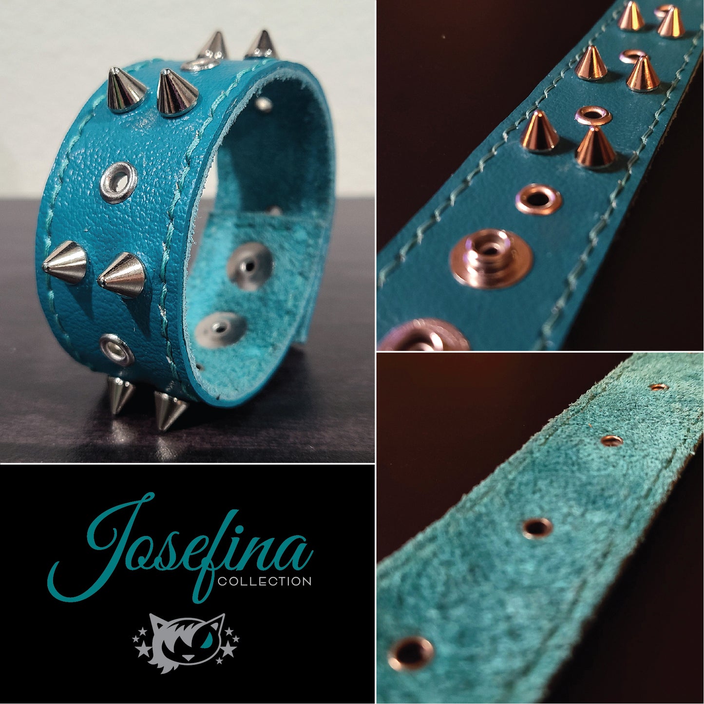 Dark Teal Leather Bracelet with Silver Cones