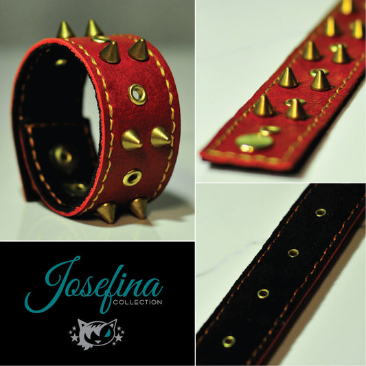 Dark Red Leather Bracelet with Brass Cones