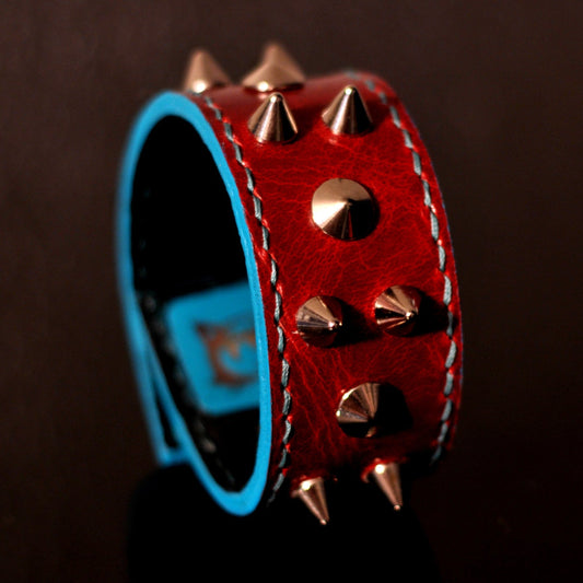 Garnet Red Leather Bracelet with Teal Edges