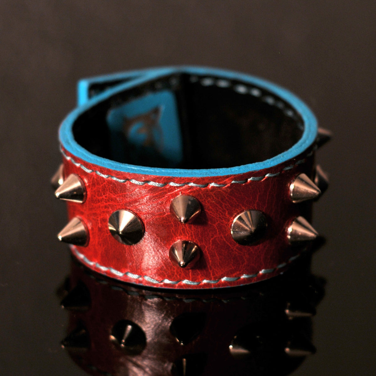 Garnet Red Leather Bracelet with Teal Edges