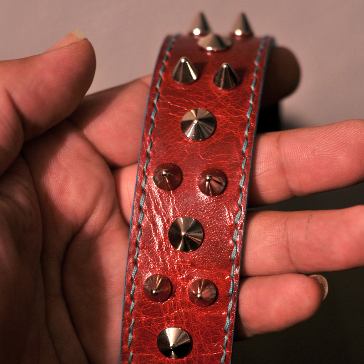 Garnet Red Leather Bracelet with Teal Edges