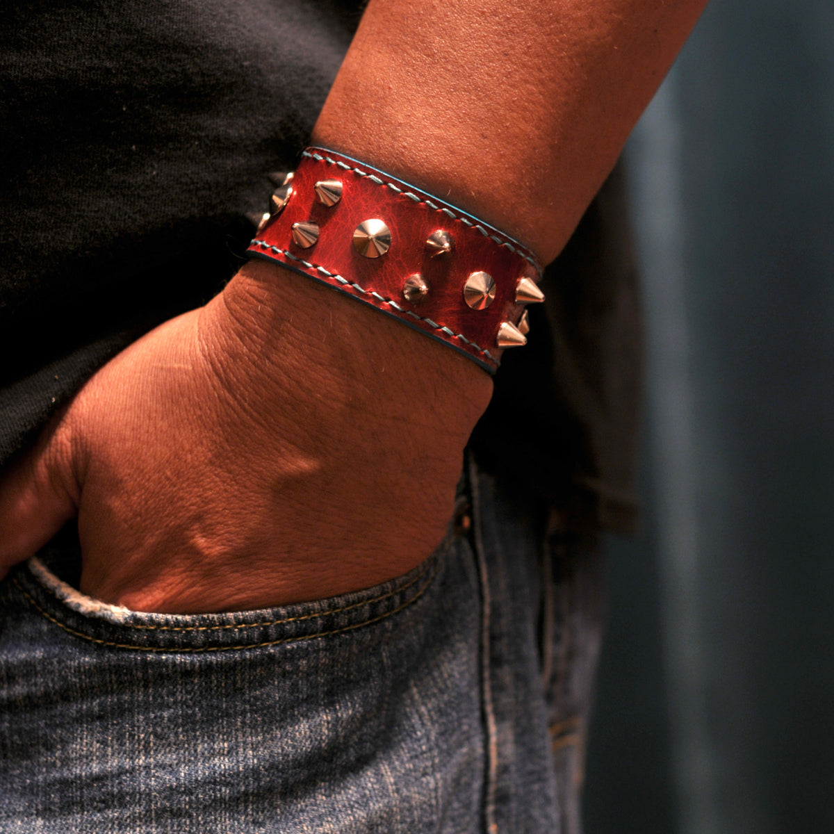Garnet Red Leather Bracelet with Teal Edges
