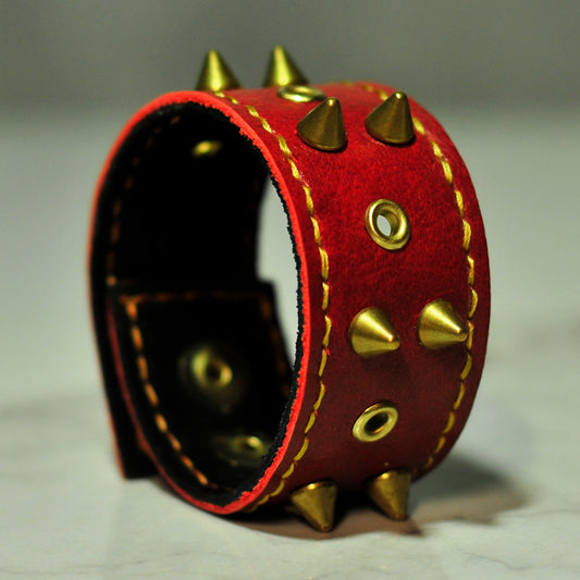 Burnt Orange Leather Bracelet with Brass Cones